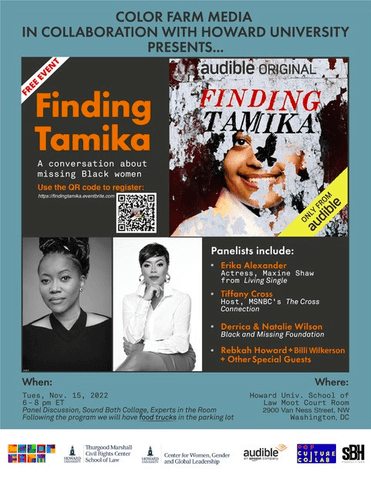 This is a poster for the Finding Tamika event on November 15